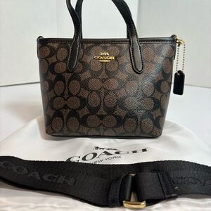 Coach Signature Mini Tote Crossbody Bag Brown Black Monogram
